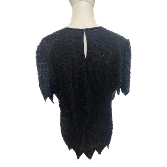 SILK BEADED & SEQUIN TOP W DECORATIVE HEM & SLEEVE EDGING LINED VINTAGE EUC SZ L - Picture 3 of 11